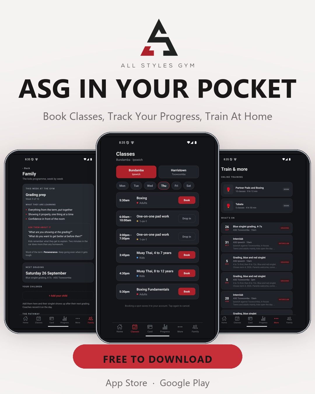 The All Styles Gym app on three phones, showing the kids programme, the class timetable and upcoming gradings